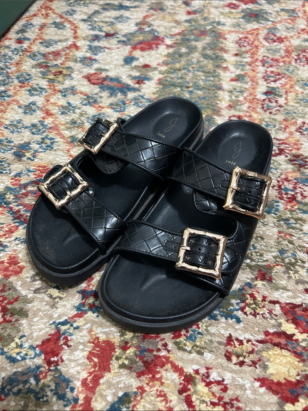 Joie Black Quilted Double-Strap Slide Sandals with Big Gold Buckles